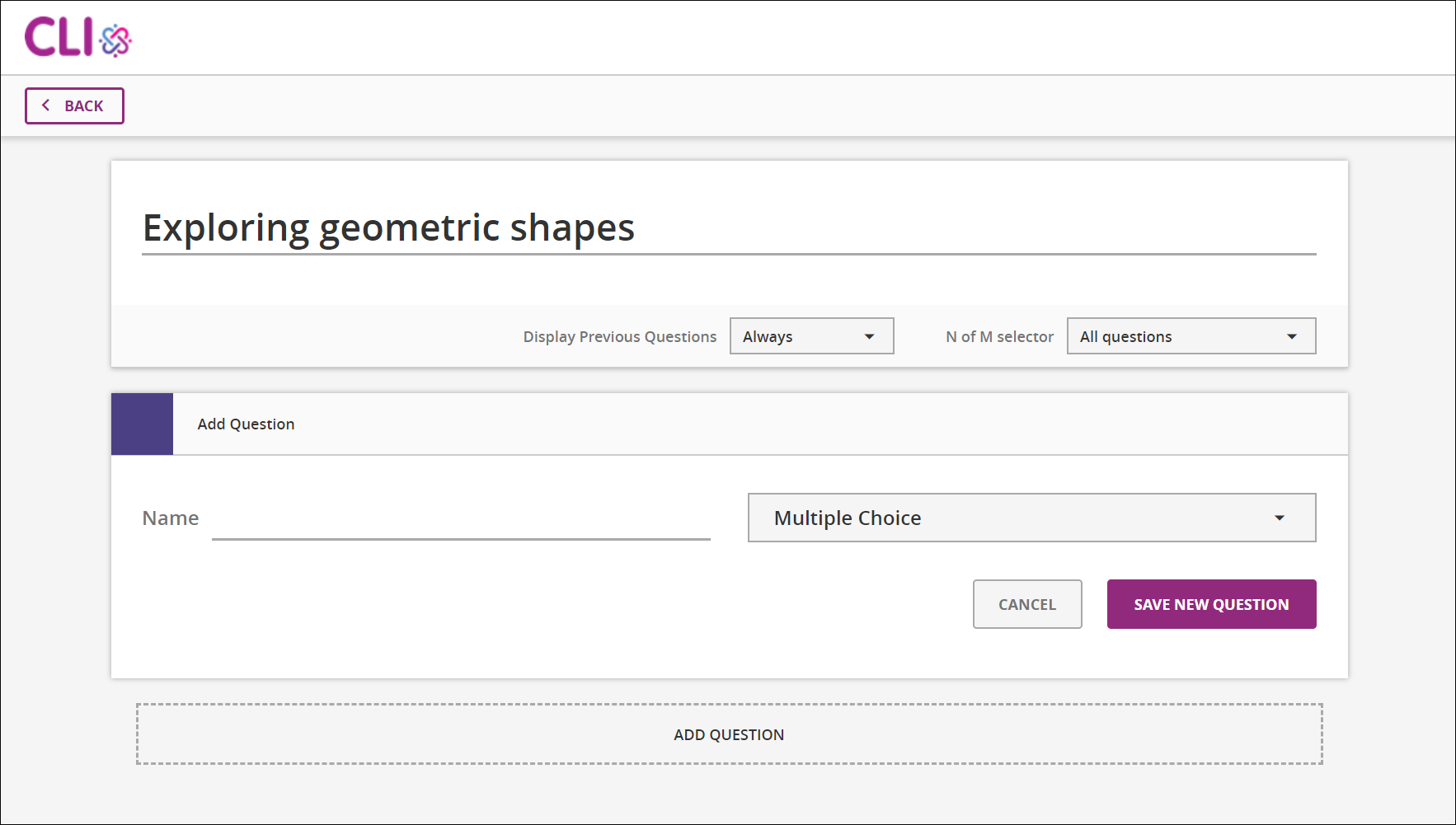 Image of the page after creating a new assessment that shows the N of M and unlock previous selectors